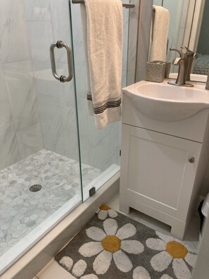 Hair dryer, towels, soap, toilet paper