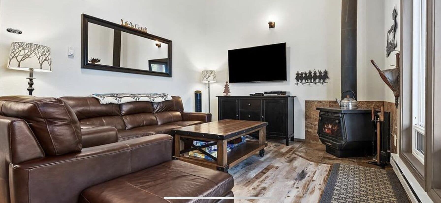 Smart TV, fireplace, video games, DVD player