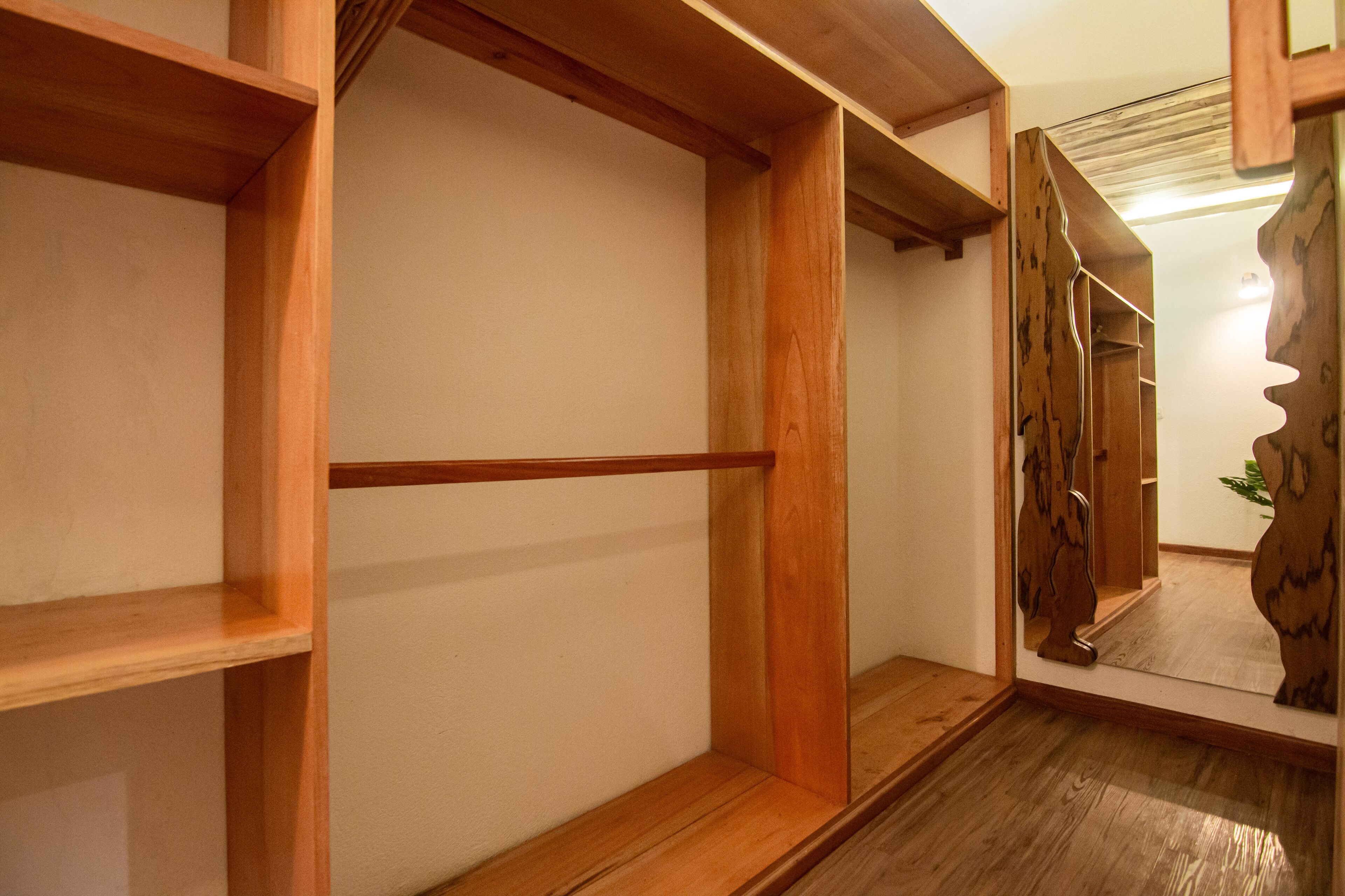 Un interior de madera con un armario espejado y piso de madera.