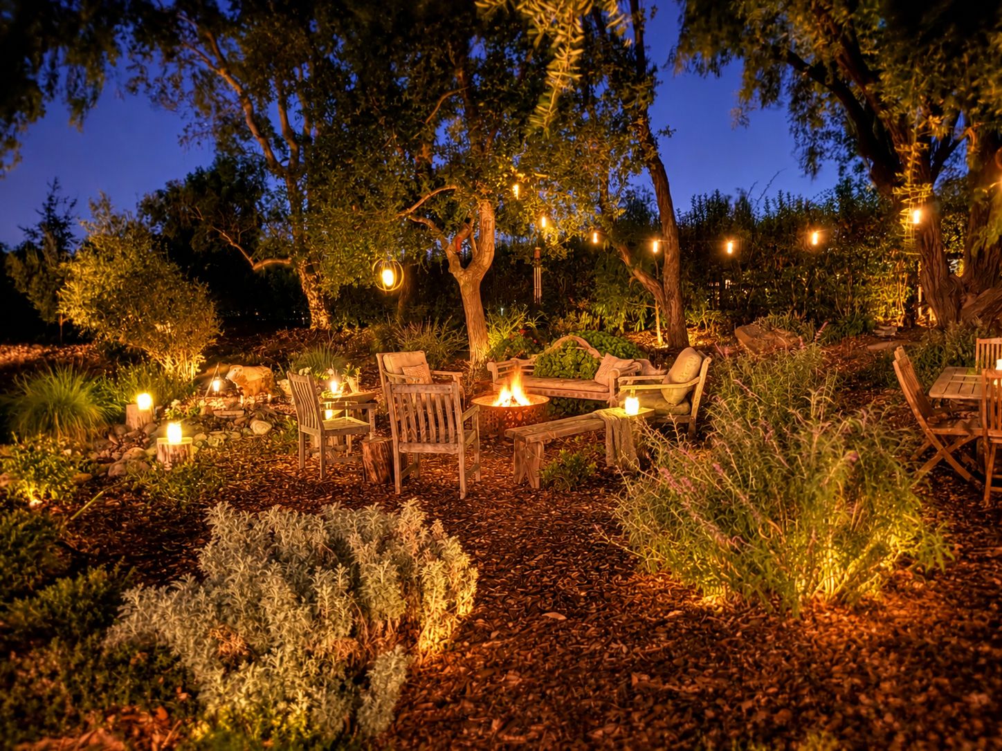 An outdoor seating area with wooden furniture and a fire pit, surrounded by trees and plants.