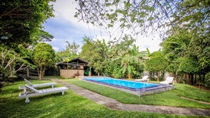 A backyard with a swimming pool, a small shed, and a lounge chair. - Mass Eco Cabana Yoga & Spa - Unawatuna (Unawatuna)