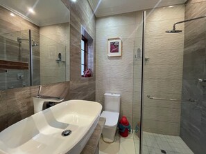 Hair dryer, towels, soap, toilet paper