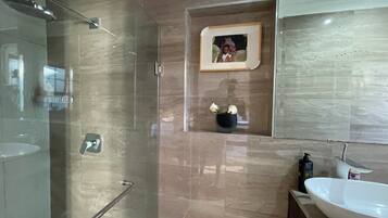 Hair dryer, towels, soap, toilet paper