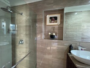 Hair dryer, towels, soap, toilet paper