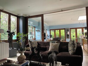 Smart TV, fireplace, ping pong, books