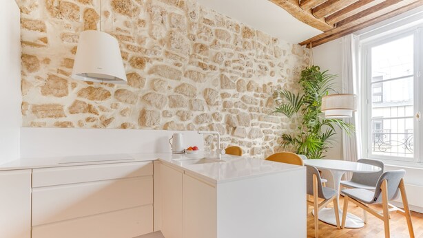 A modern kitchen with white cabinetry, a stone wall, and a wooden ceiling. - in the heart of Paris, premium, with beautiful plants and A/C (Paris)