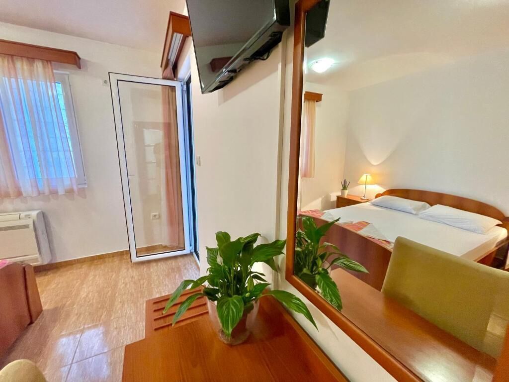 A hotel room with a bed, a desk, a chair, a TV mounted on the wall, a window with curtains, and a potted plant.