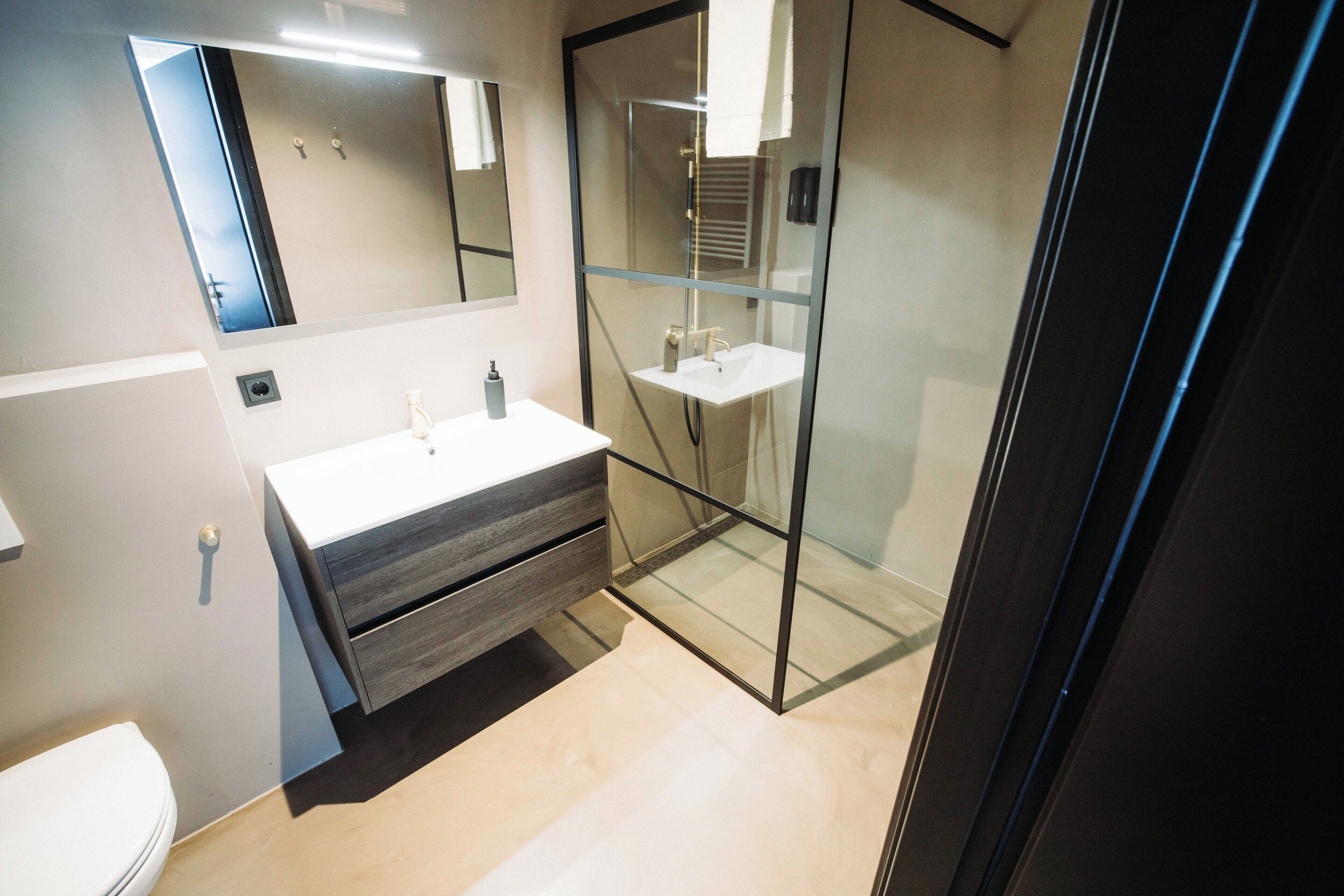 A modern bathroom with a glass shower enclosure, a white sink, and a mirror above the vanity.