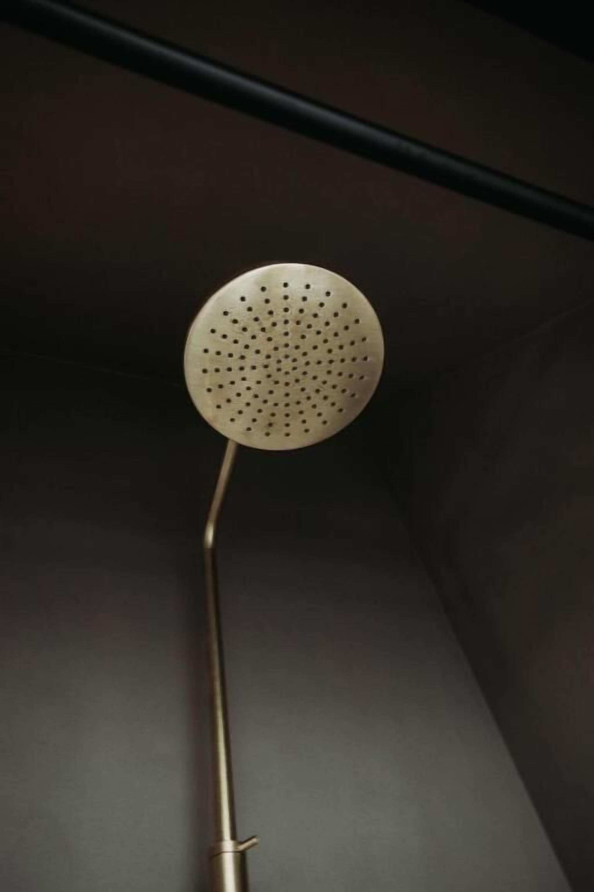 Un cabezal de ducha con diseño circular y múltiples orificios.