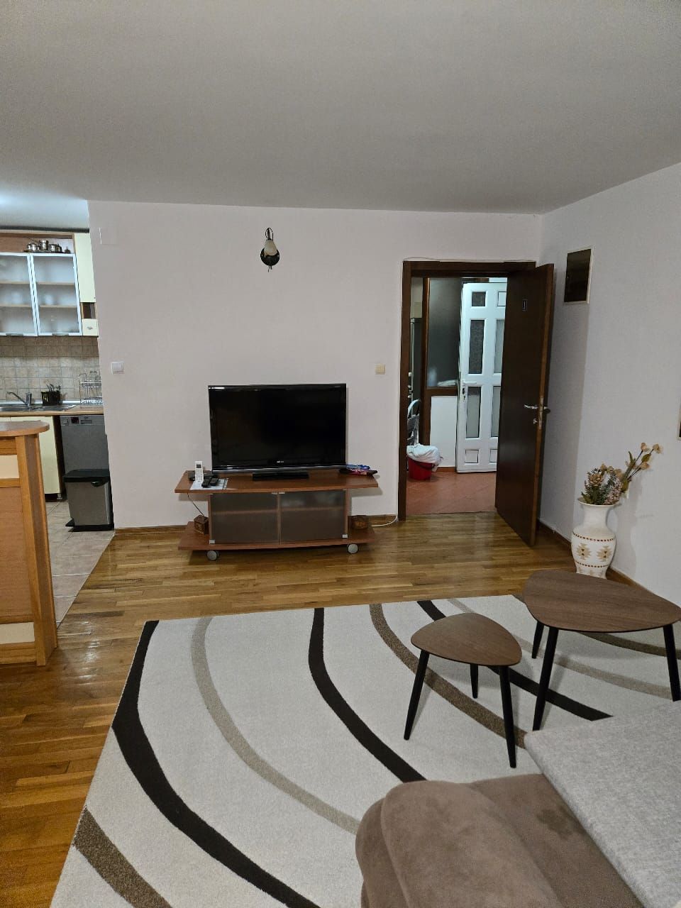 A living room with a TV, a sofa, a coffee table, and a rug.