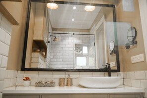 Bathroom features a large mirror above a sink, a shower area with a glass door, and a clean, minimalist design.