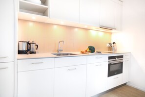 Full-size fridge, oven, stovetop, dishwasher
