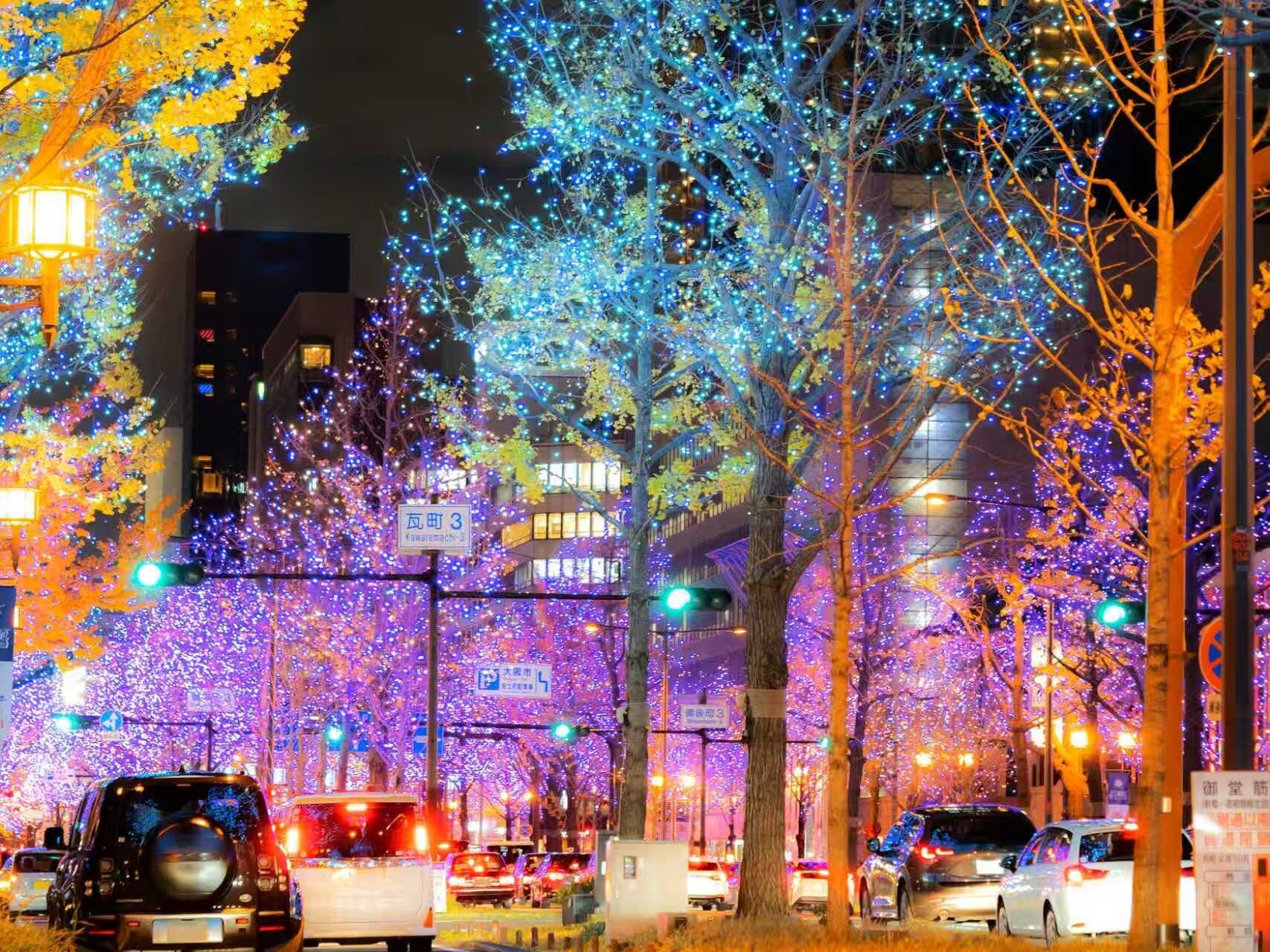 A street lined with trees decorated with blue and purple lights, traffic lights, and parked cars.