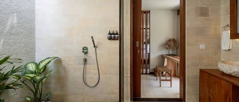 A bathroom with a shower, a wooden door leading to a hallway, and a plant.
