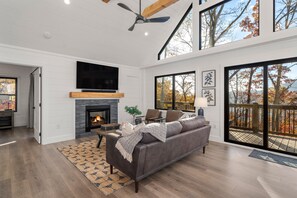 Smart TV, fireplace, books