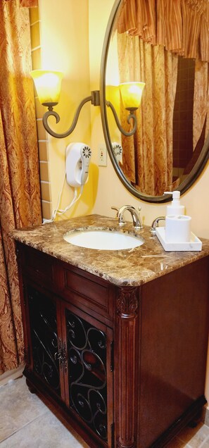 Hair dryer, towels, soap