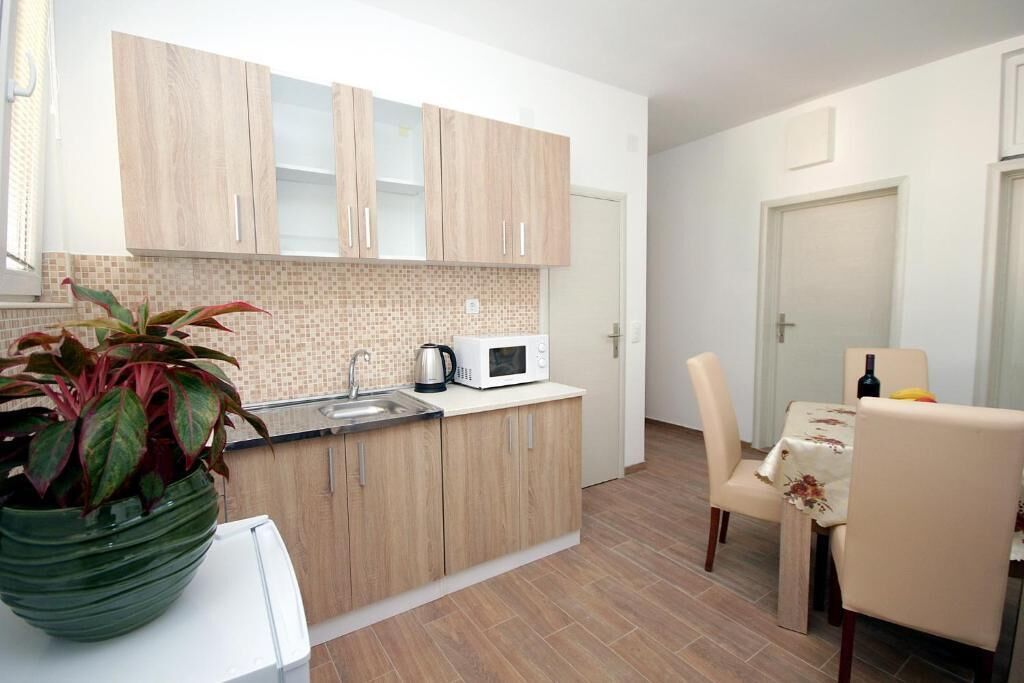 Cocina compacta con armarios de madera, microondas y un lavamanos. Hay una zona de comedor con una mesa y sillas, y una planta en maceta sobre la encimera.