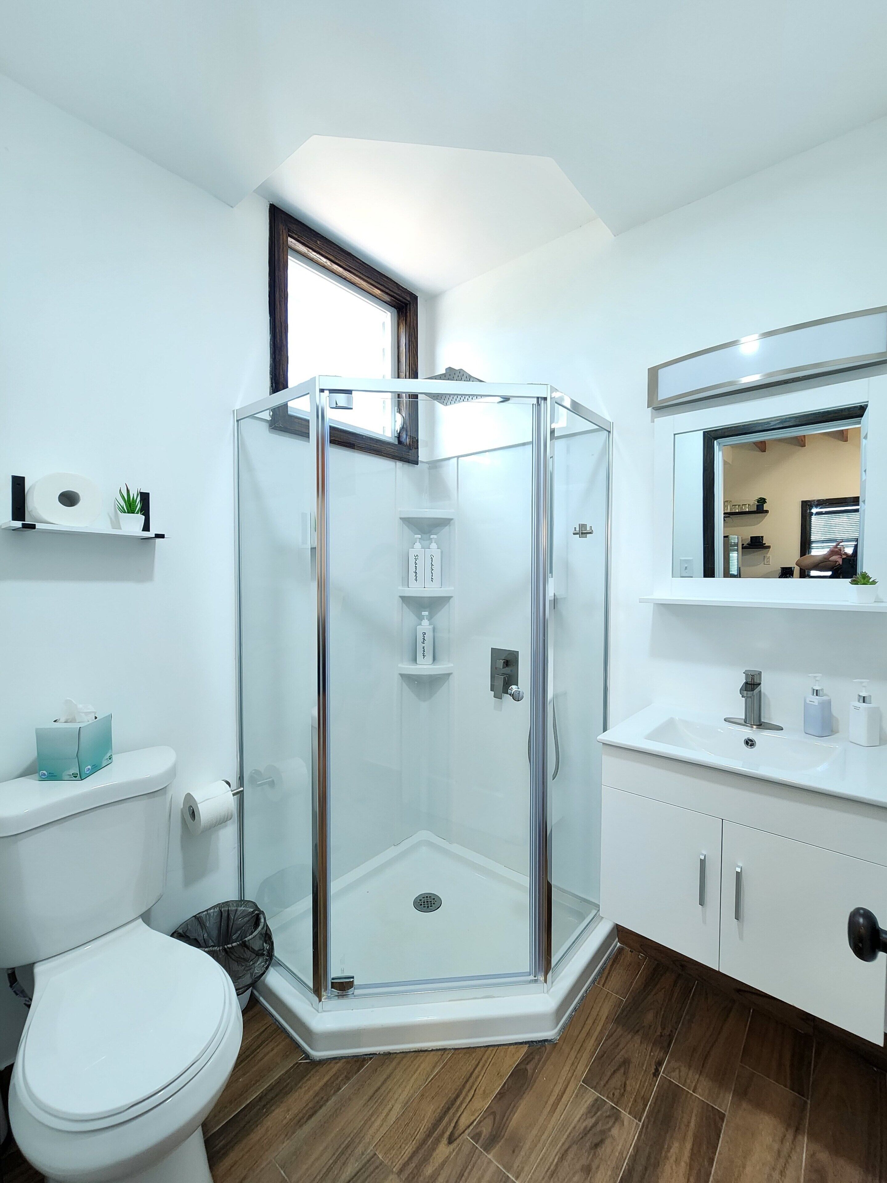 A modern bathroom with a glass-enclosed shower, a toilet, a sink with a mirror above it, and a wooden floor.