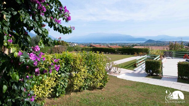 A landscaped garden with a pathway leading to a building, surrounded by greenery and a distant view of mountains.