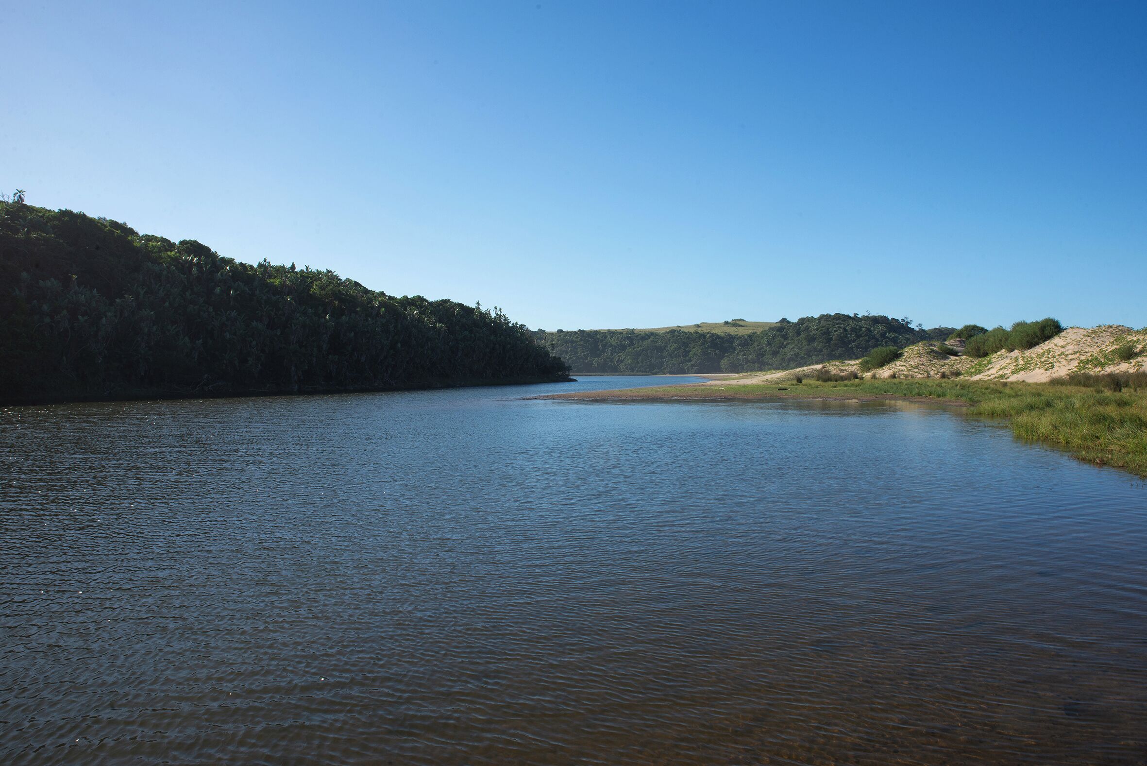 A calm river with a forested hillside on one side and a sandy area on the other.