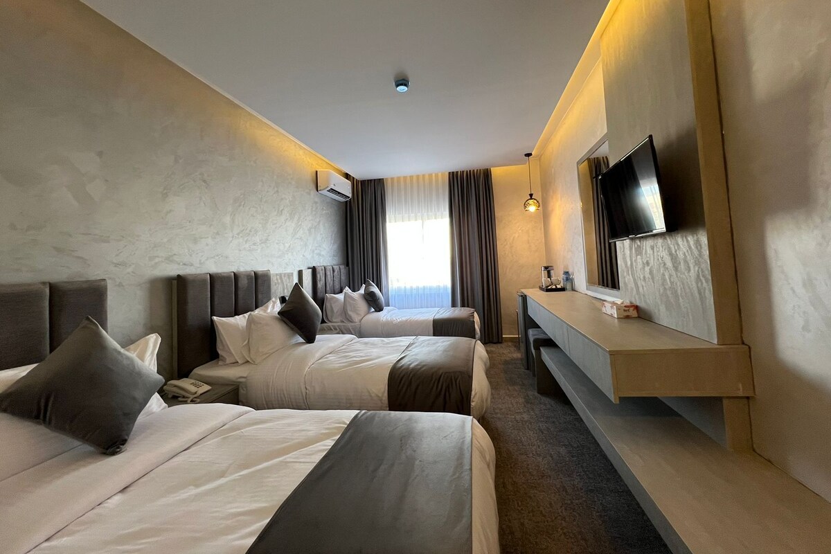 Habitación de hotel con dos camas, un escritorio, un televisor y una ventana con cortinas.