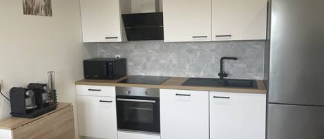 Frigorífico, microondas, horno y placa de cocina