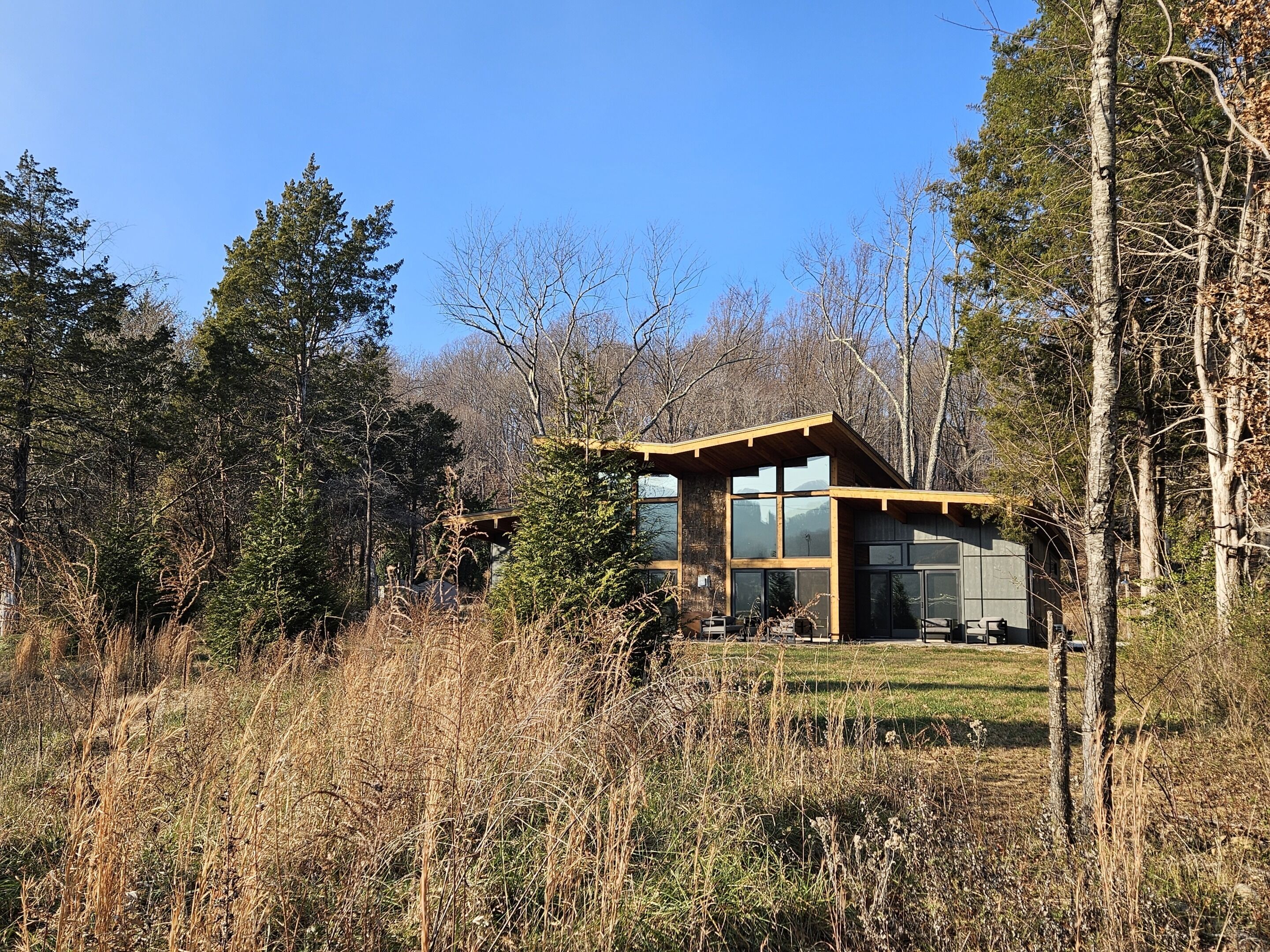 A modern wooden cabin with large windows, surrounded by dense forest and a grassy area.