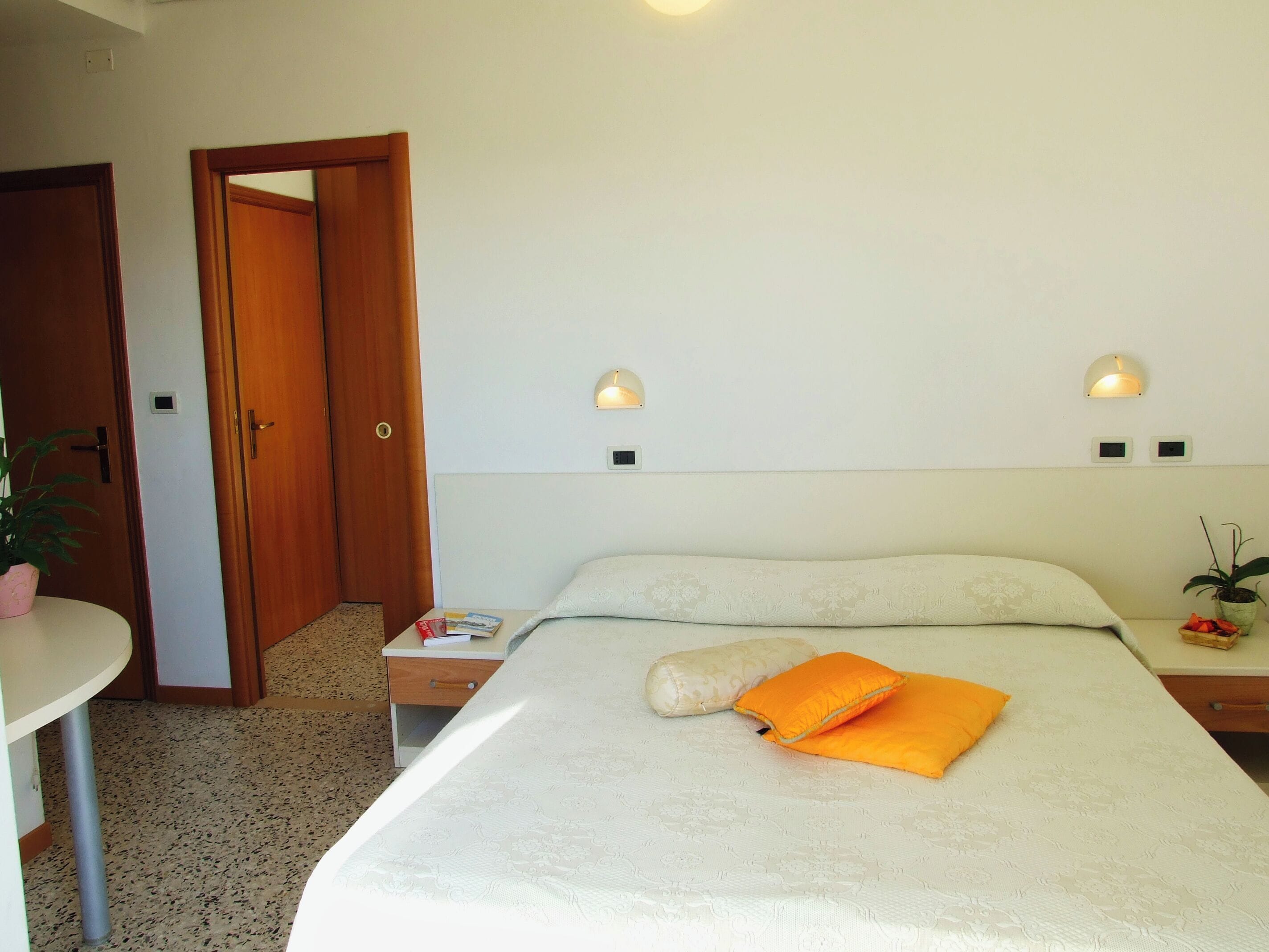 A hotel room with a bed, bedside tables, a nightstand, a potted plant, and a door leading to another room.