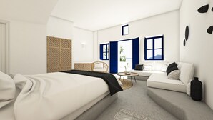 A modern hotel room with a large bed, a sofa, a small table, and a view of the outdoors. - Superior Suite with Caldera View (Thira - Santorini)