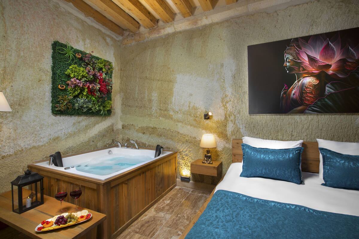A room with a wooden bathtub, a bed with blue pillows, a wall-mounted plant, and a painting of a lotus flower.