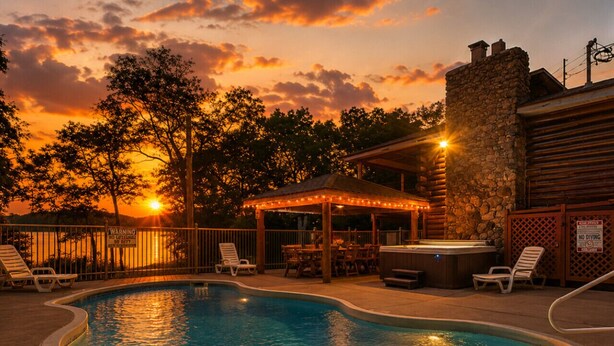 Una piscina con sillas de descanso y un jacuzzi, rodeada por un muro de piedra y un patio cubierto.
