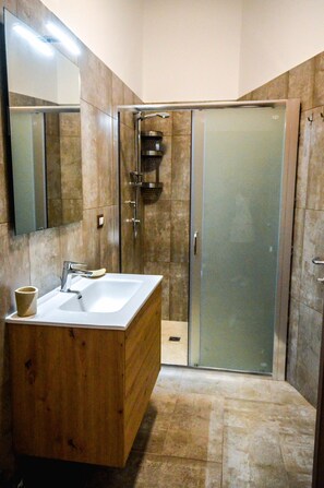 Shower, hair dryer, bidet, towels
