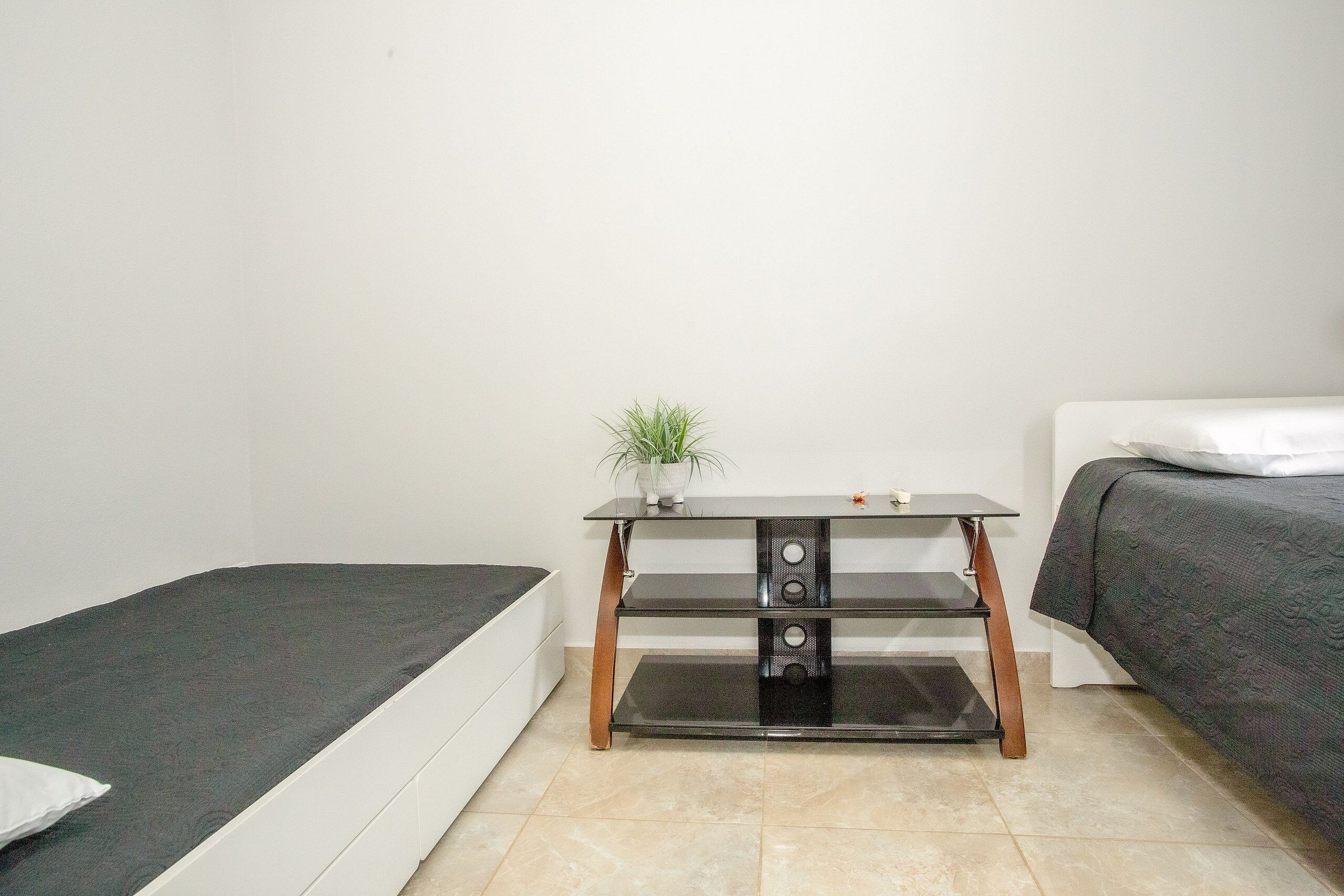 Quarto pequeno e limpo com uma cama, mesa de cabeceira com planta e um suporte para televisão.