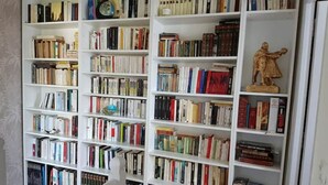 Een bibliotheek met meerdere witte boekenplanken vol boeken.