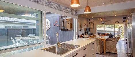 Fridge, microwave, toaster, cookware/dishes/utensils