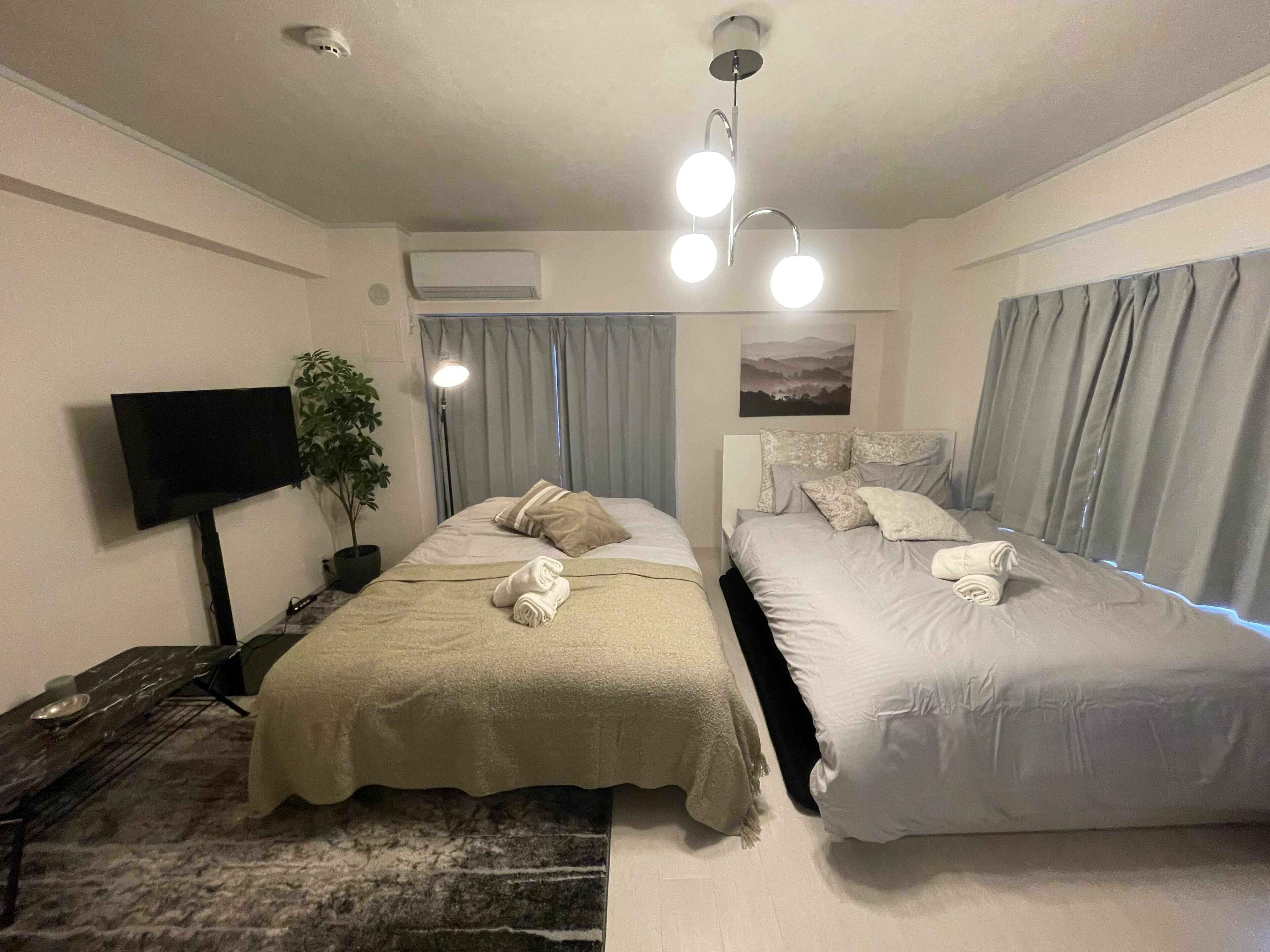 Une chambre d’hôtel avec deux lits, un téléviseur à écran plat, une plante en pot et un tableau au mur.