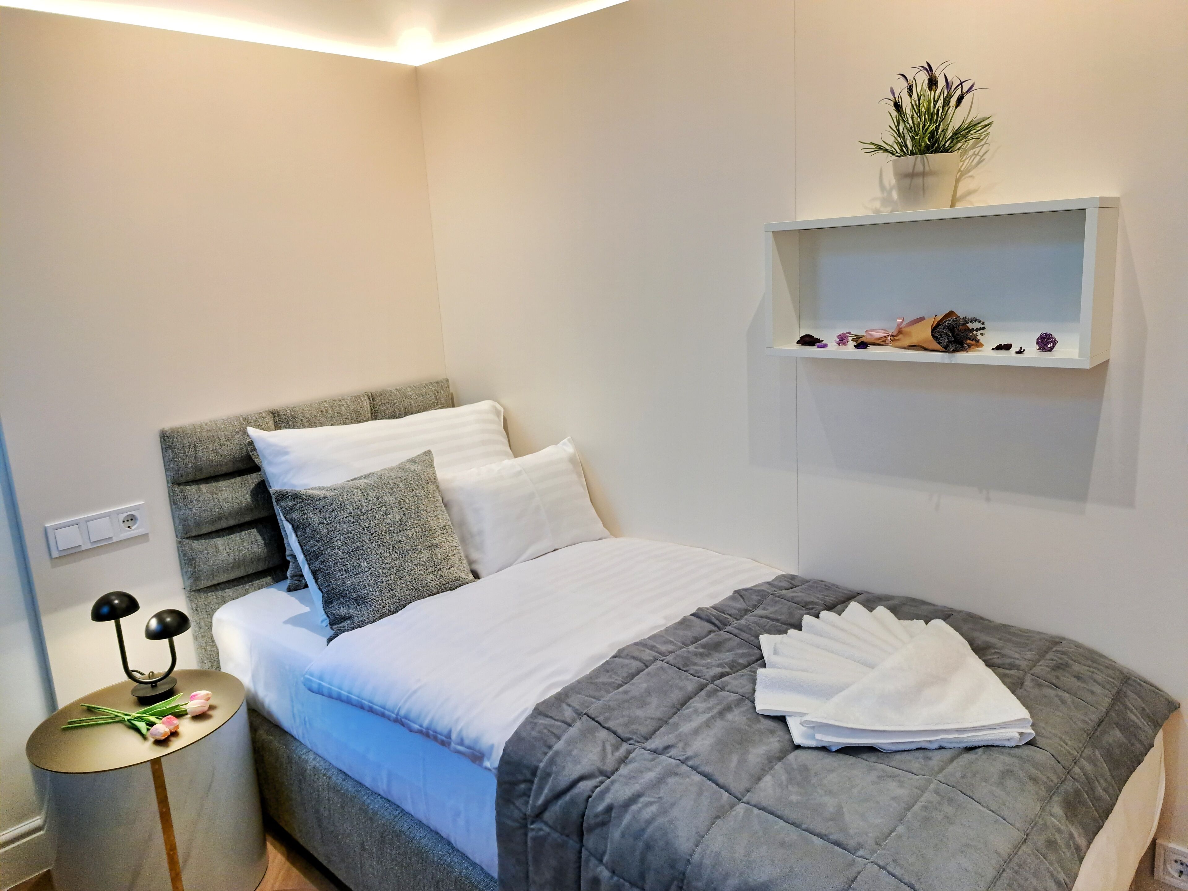 A neatly made bed with a grey quilt, white pillows, and a grey headboard. There is a bedside table with a lamp and a small potted plant. A white shelf above the bed holds decorative items.