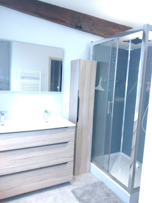 Shower, hair dryer, towels, toilet paper