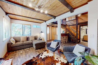 Dog-friendly nature escape with generous balcony, fireplace, & views, sleeps 6