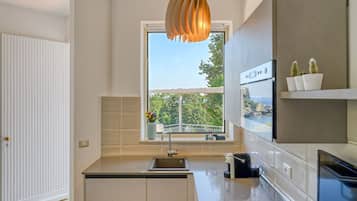 Apartamento superior | Cozinha privada | Geladeira grande, cozinha com ilha