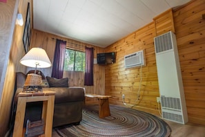 A cozy room with wooden walls, a sofa, a table with a lamp, a TV, and an air conditioning unit.