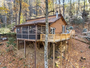Exterior - Cozy Creekside Cabin • 2 miles to Festival Grounds • Wi-Fi • Firepit • Carport (Maggie Valley)