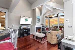 32-inch flat-screen TV with satellite channels, TV, fireplace