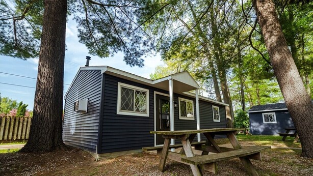 A small cabin with a porch and a picnic table, surrounded by trees. - Cottage #3 Snow Day, 2 Bedroom Cottage (Lake City)
