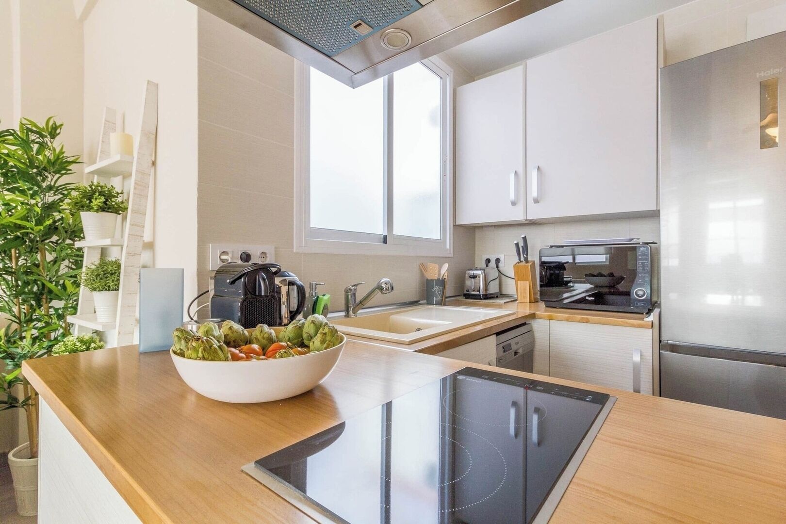 Fridge, microwave, stovetop, coffee/tea maker