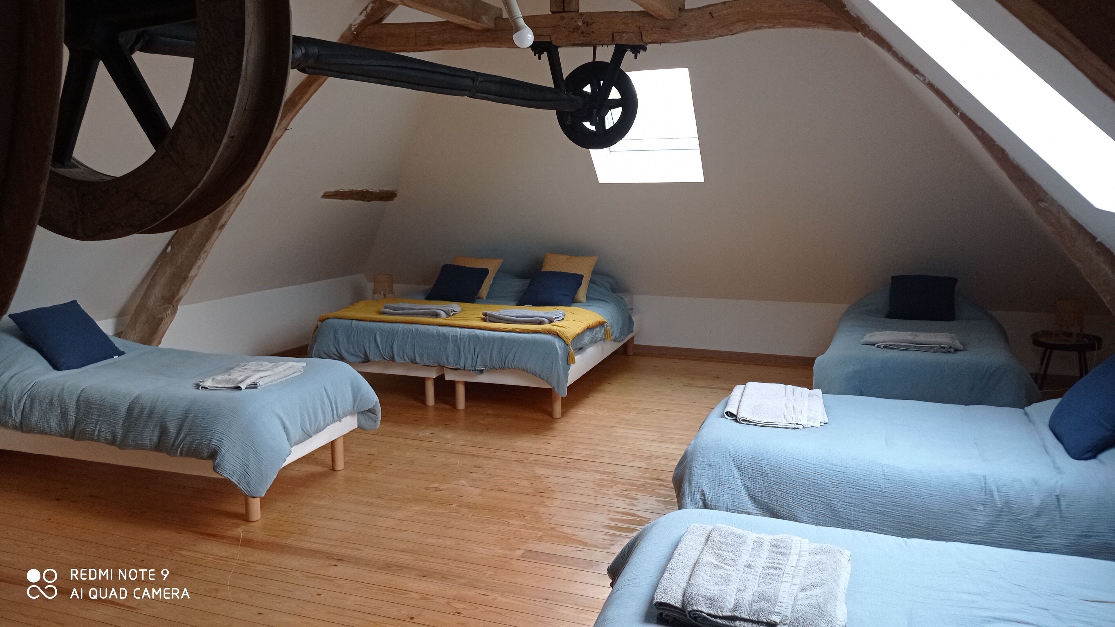 Camera da letto mansardata accogliente con due letti, travi in legno e un lucernario.