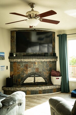 Smart TV, fireplace, video games, books