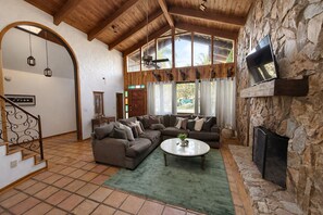 Smart TV, fireplace, table football, books