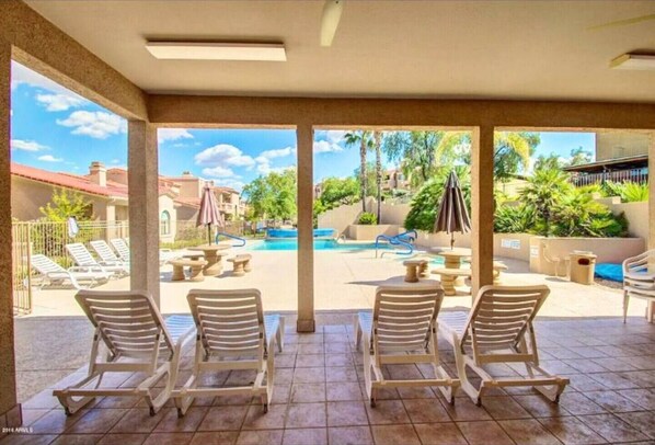 Outdoor pool, a heated pool - McDowell Mountain Adventure Condo - Quiet, Heated Pool, Pet Friendly (Fountain Hills)