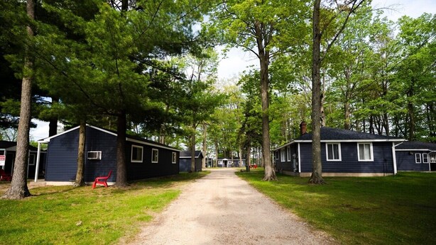 A row of cabins with a gravel path leading through them, surrounded by trees.